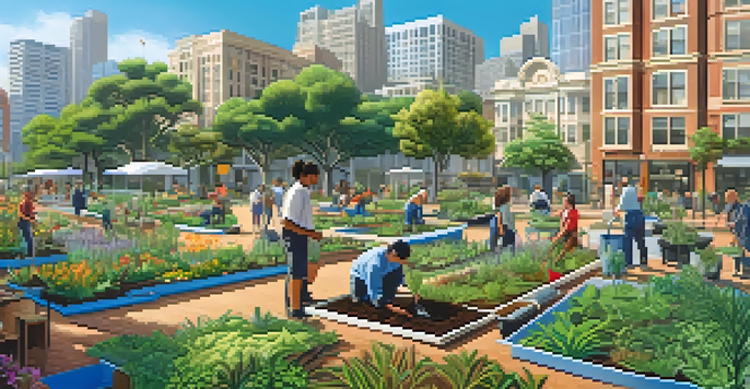 A sunny park scene in San Francisco with diverse people planting native plants and sustainable gardening techniques, surrounded by city buildings and greenery.