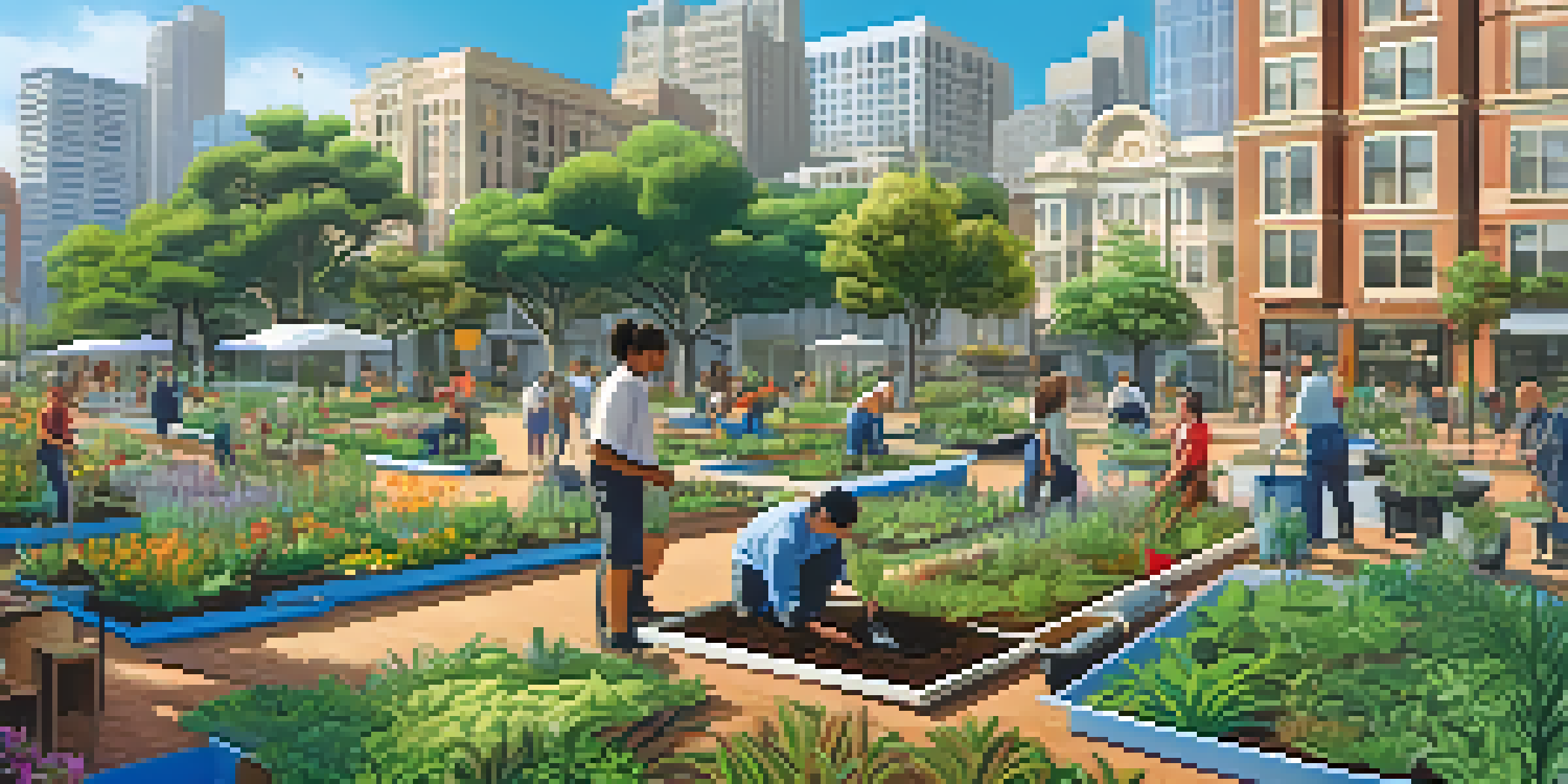 A sunny park scene in San Francisco with diverse people planting native plants and sustainable gardening techniques, surrounded by city buildings and greenery.