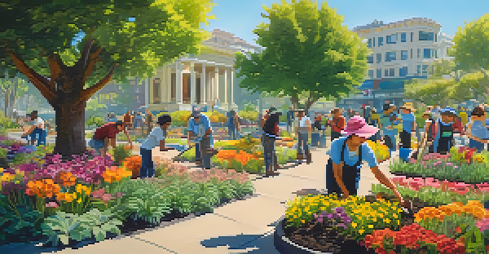 A diverse group of volunteers planting trees in a sunny San Francisco park, surrounded by colorful flowers and greenery.