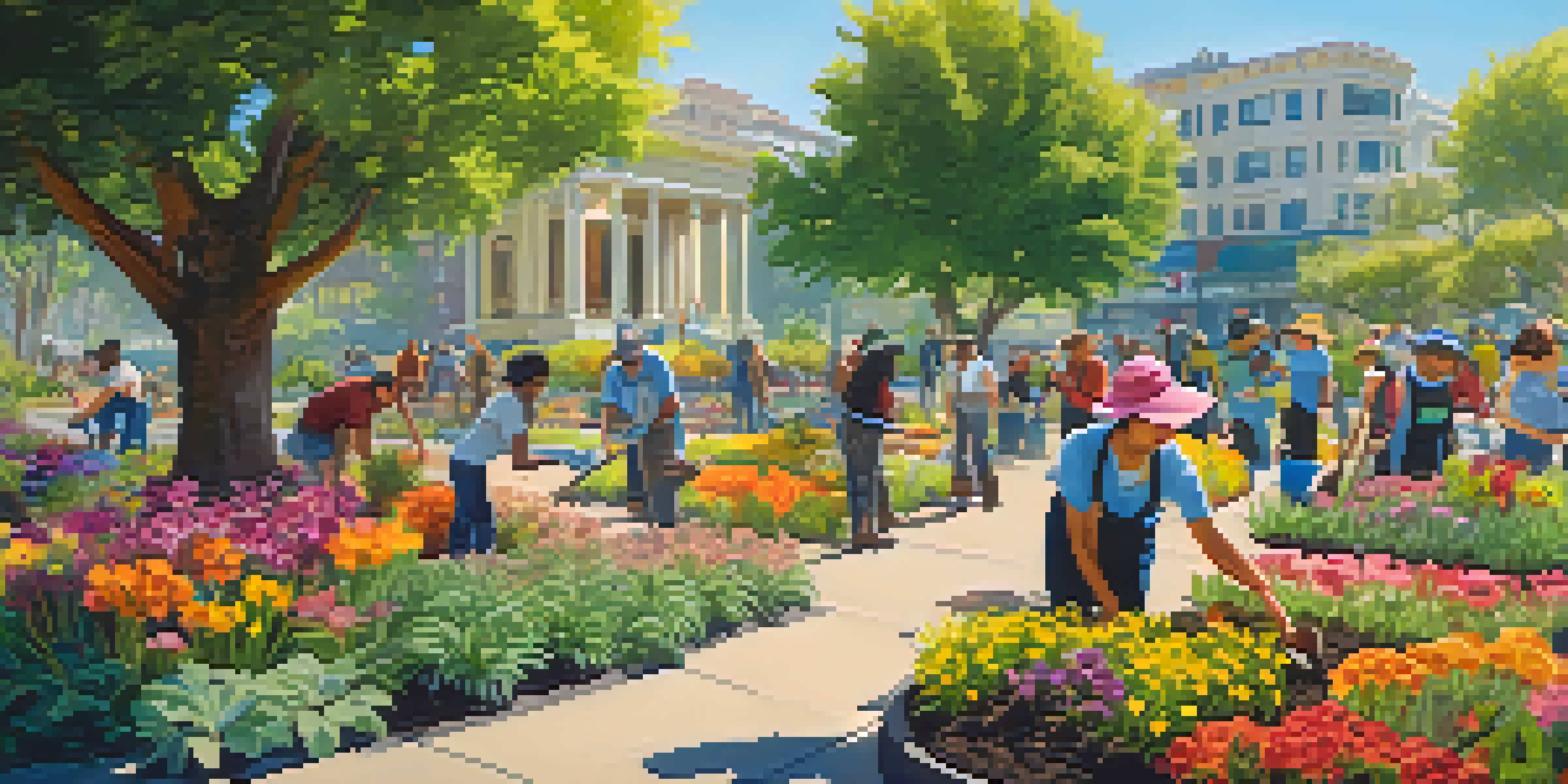 A diverse group of volunteers planting trees in a sunny San Francisco park, surrounded by colorful flowers and greenery.