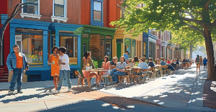 A lively San Francisco street scene with a colorful mural, modern apartments, trees, and diverse people interacting.