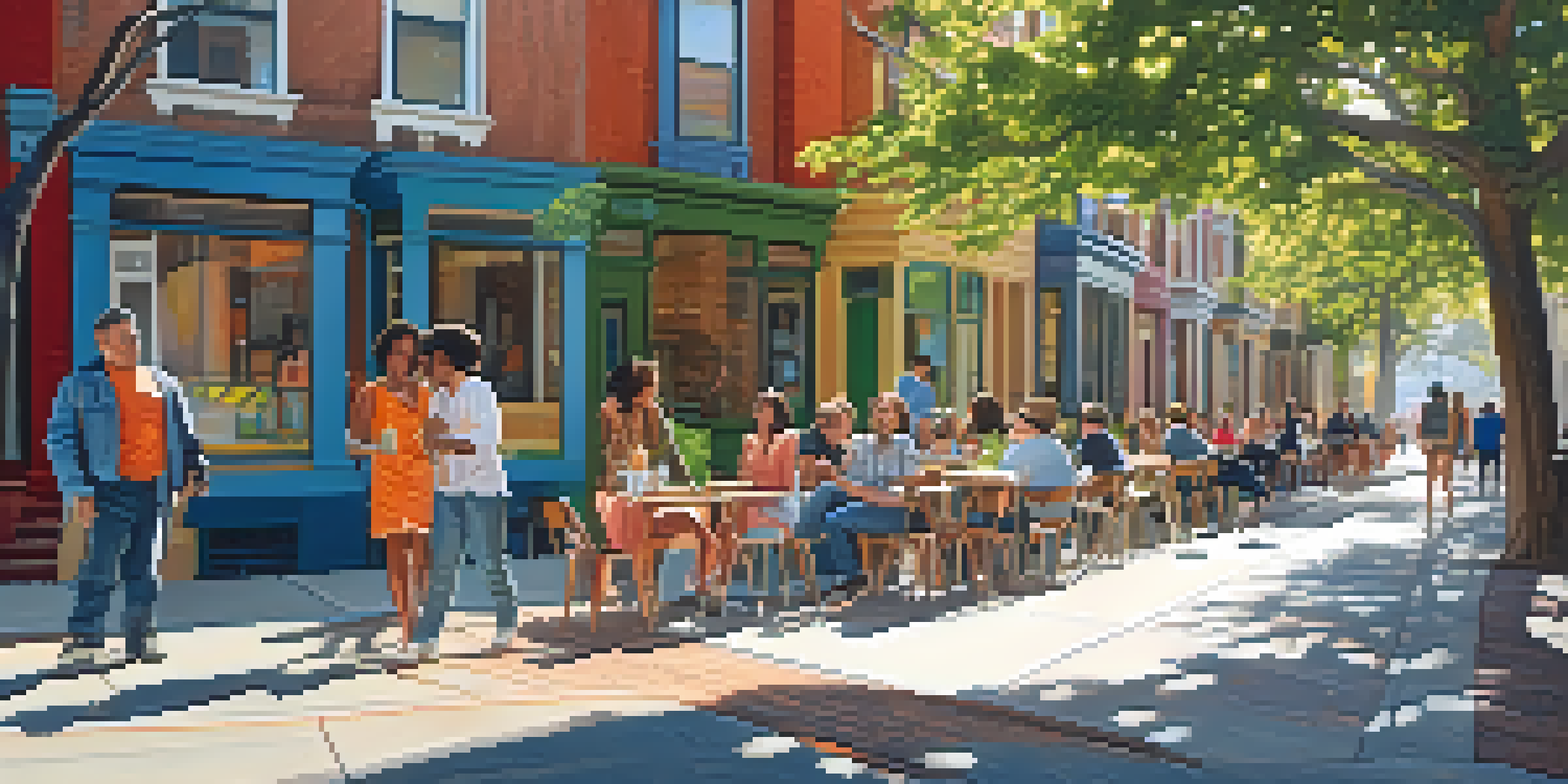 A lively San Francisco street scene with a colorful mural, modern apartments, trees, and diverse people interacting.