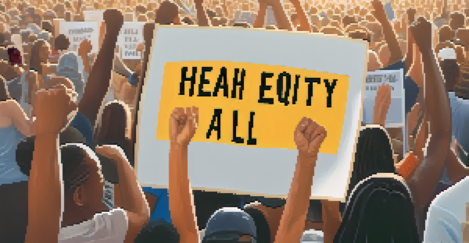 Close-up of diverse hands holding a sign that says 'Health Equity for All' at a peaceful protest.