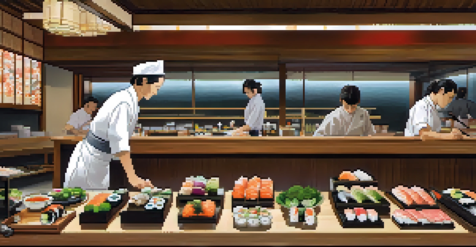 A sushi chef preparing sushi at a traditional sushi bar in Tokyo, with customers watching and colorful sushi plates displayed.