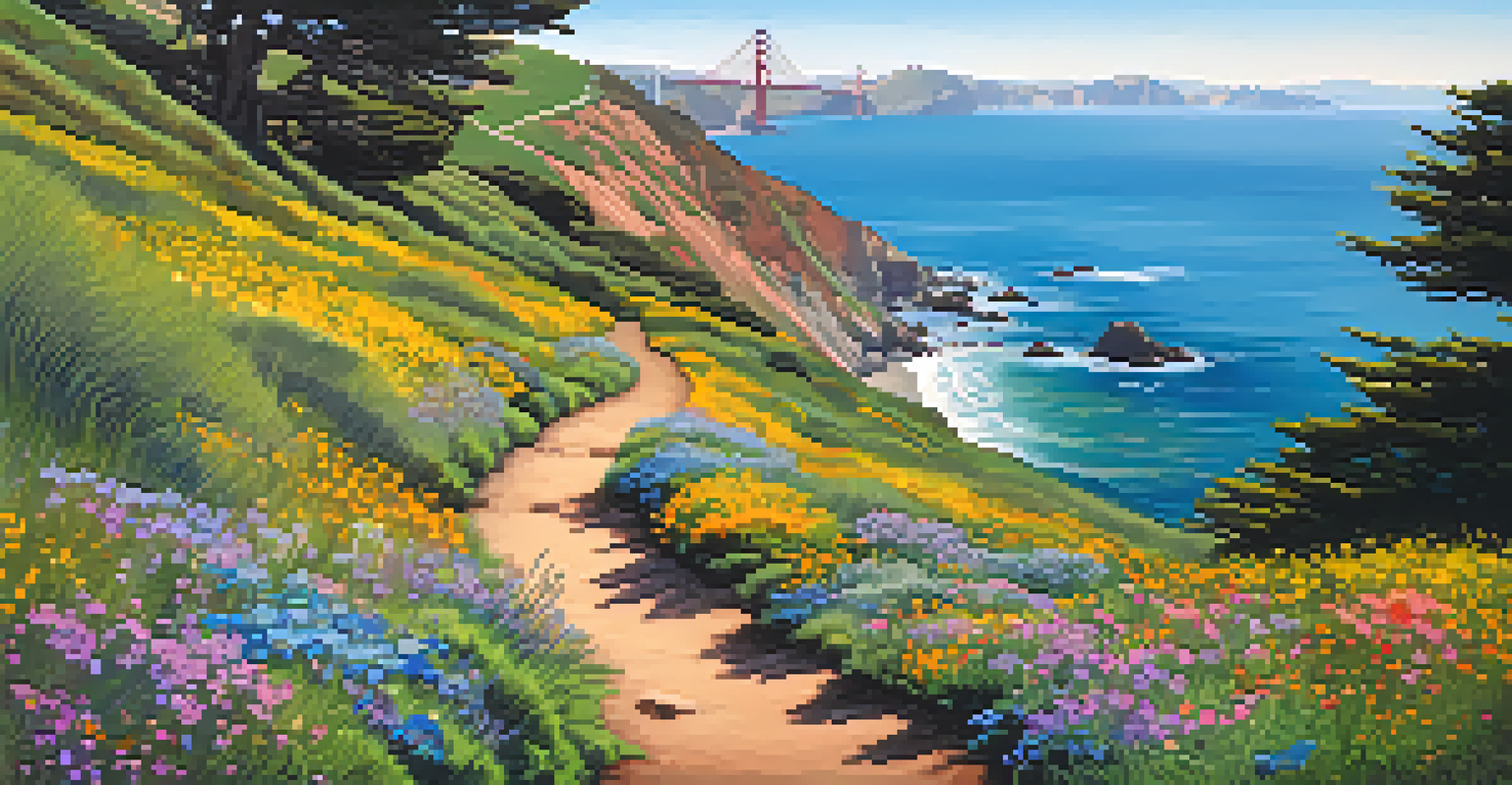 A scenic hiking trail at Lands End with blooming wildflowers and views of the Golden Gate Bridge.