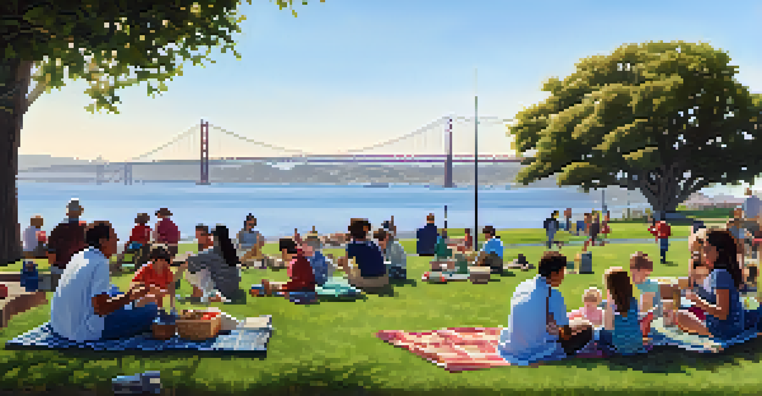 Families having a picnic in the outdoor space of the Exploratorium, with the San Francisco Bay in the background and happy faces enjoying their time together.