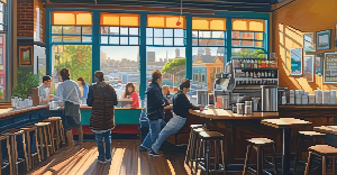 A warm and inviting coffee shop in San Francisco's Mission District with colorful murals and patrons enjoying their drinks.
