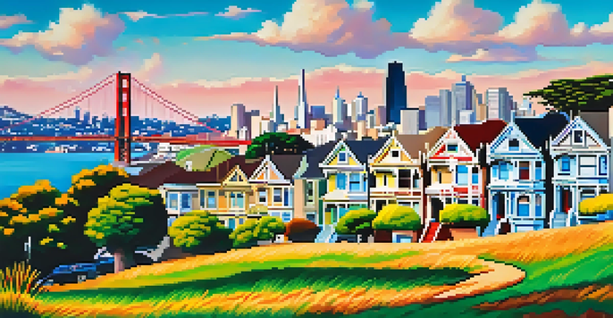 A scenic view of San Francisco featuring the colorful Painted Ladies with the Golden Gate Bridge in the background under a clear blue sky.