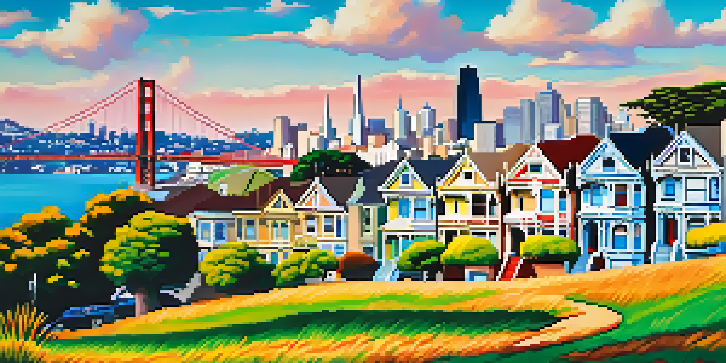 A scenic view of San Francisco featuring the colorful Painted Ladies with the Golden Gate Bridge in the background under a clear blue sky.