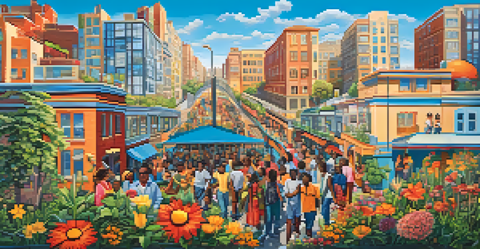 A colorful mural showing a diverse community enjoying time together in an urban setting, with bright colors and natural elements.