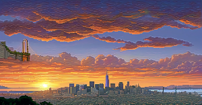 A panoramic view of San Francisco's skyline at sunset, with solar panels on rooftops and the Golden Gate Bridge in the distance.