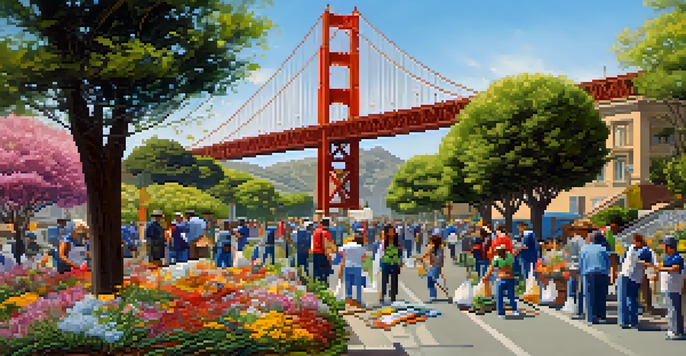 A lively community clean-up in a San Francisco park with volunteers collecting litter, colorful flowers, and the Golden Gate Bridge in the background.