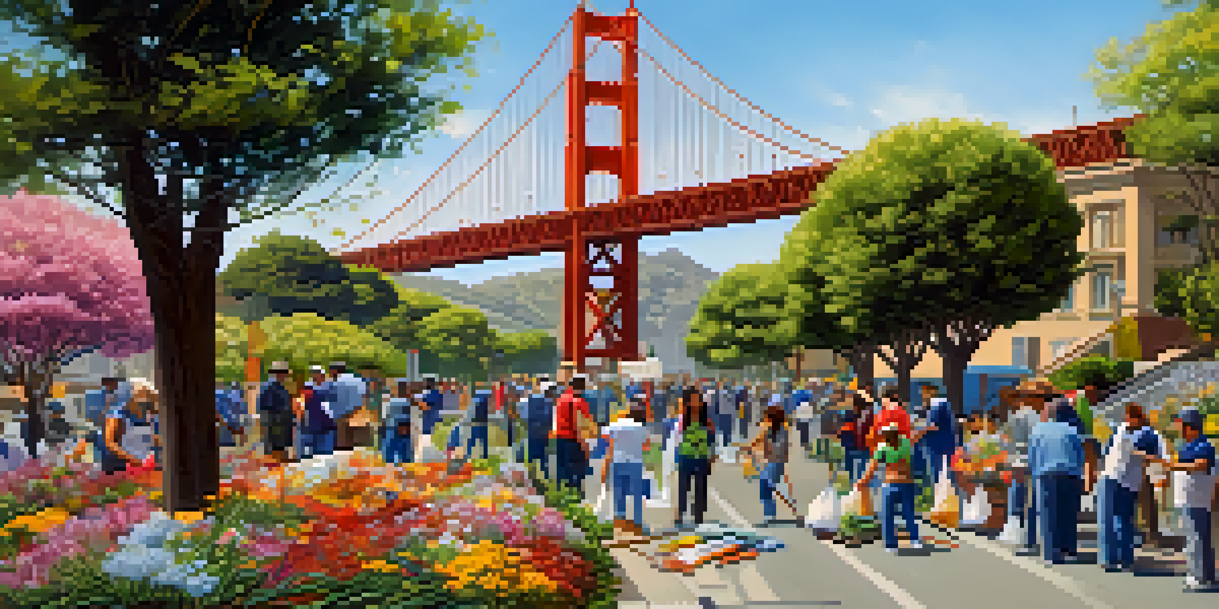 A lively community clean-up in a San Francisco park with volunteers collecting litter, colorful flowers, and the Golden Gate Bridge in the background.