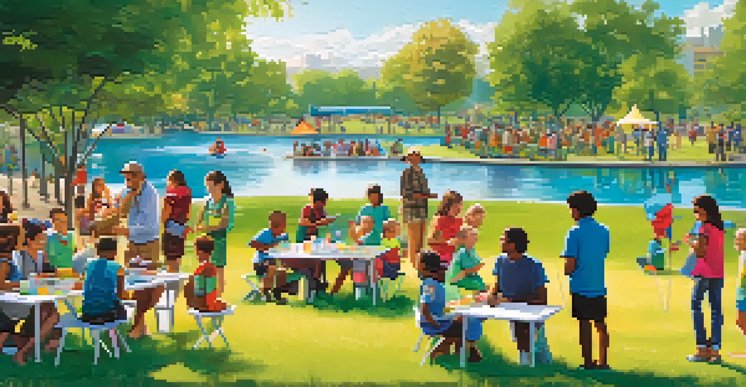 A park event promoting water quality awareness with people and children engaged in activities.