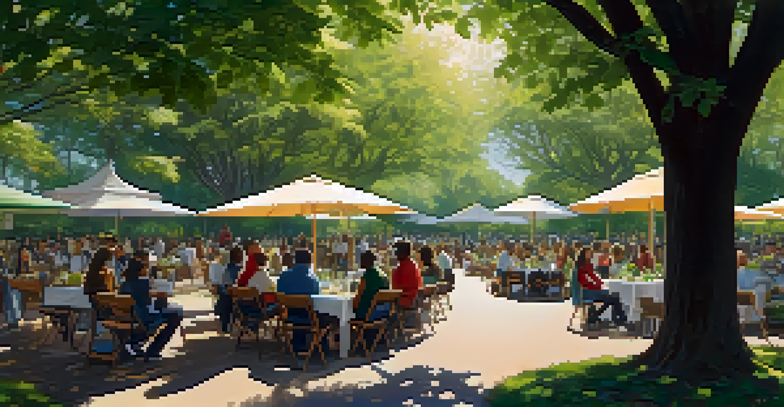 A serene park gathering focused on climate justice, with people discussing around tables filled with pamphlets and recycled art, under soft sunlight.