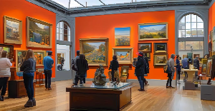 An interior view of a lively art gallery in San Francisco, with a diverse group of people exploring various artworks.