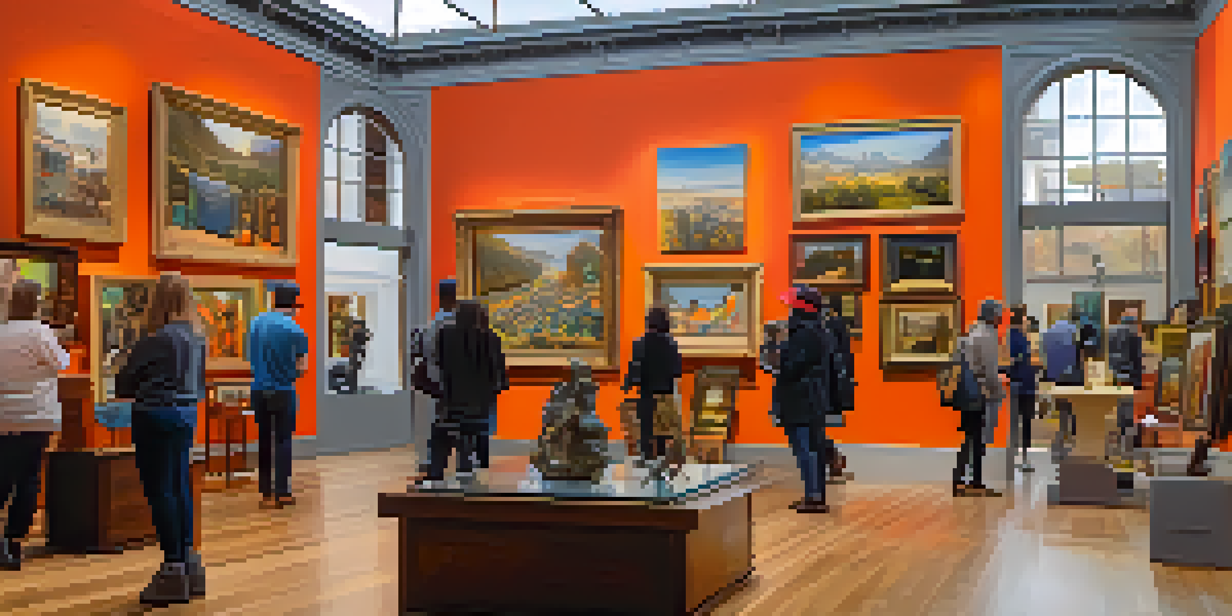 An interior view of a lively art gallery in San Francisco, with a diverse group of people exploring various artworks.