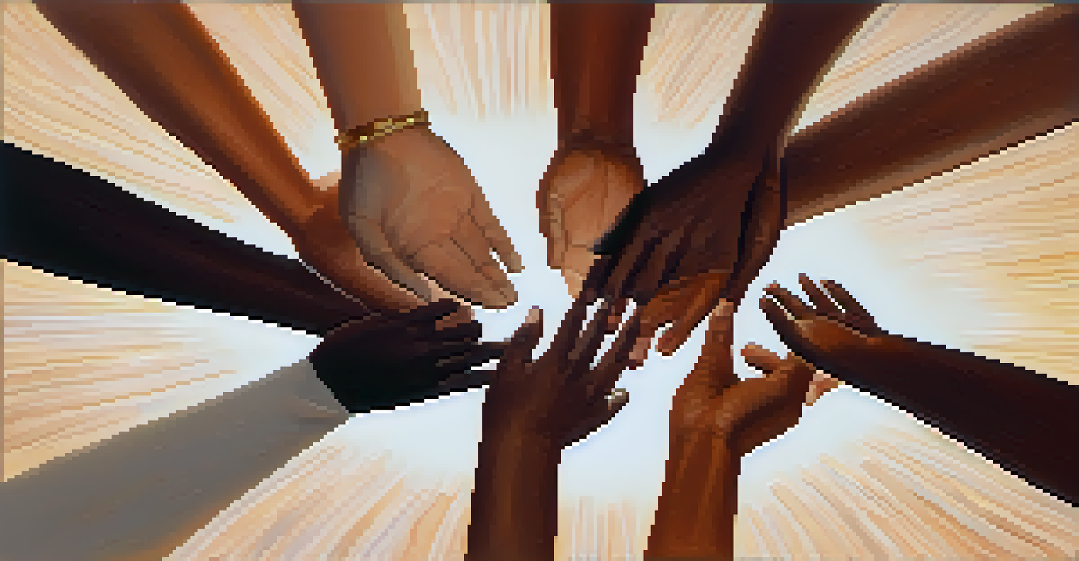 A circle of interconnected hands of different skin tones, symbolizing unity and diversity against a warm gradient background.