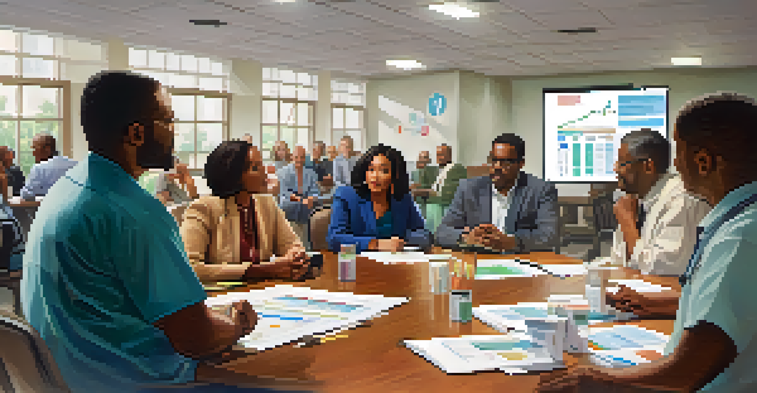 A public health policy meeting in a community center with diverse attendees discussing health initiatives.