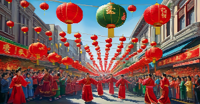 A lively street scene depicting the Lunar New Year Parade in San Francisco, with performers in lion costumes and colorful decorations.