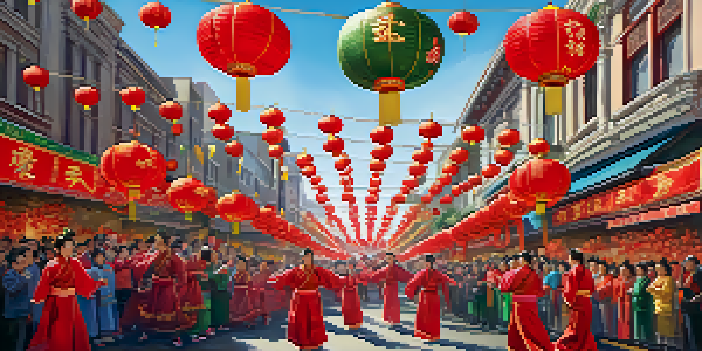 A lively street scene depicting the Lunar New Year Parade in San Francisco, with performers in lion costumes and colorful decorations.