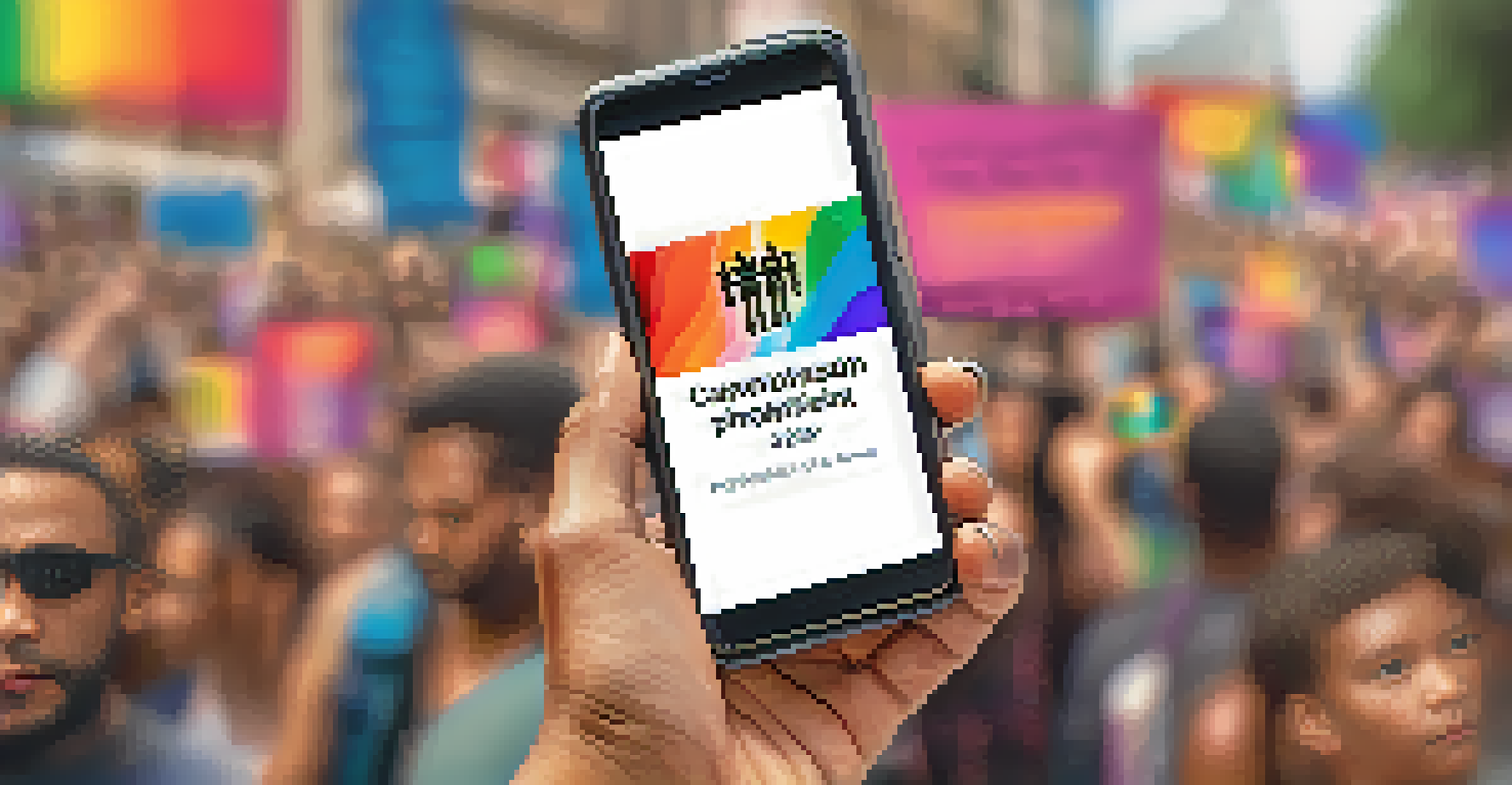 A hand holding a smartphone showing a trending hashtag related to social justice, with a blurred protest scene in the background.
