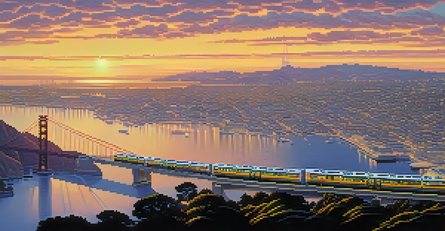 An aerial view of BART trains weaving through San Francisco's urban landscape at sunset, with the Golden Gate Bridge in the background.