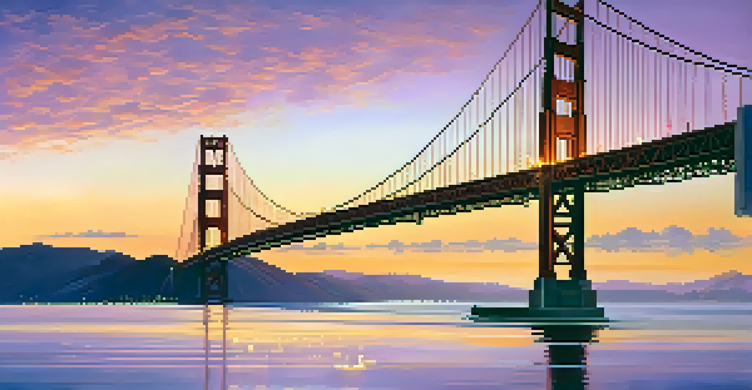 The Golden Gate Bridge at twilight with a ghostly woman silhouette on the walkway, under a purple sky.