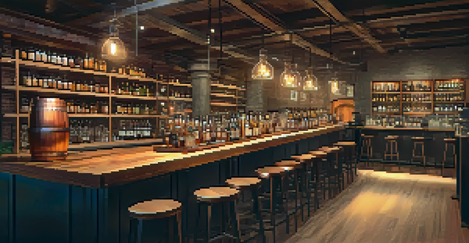 A rustic distillery interior with wooden barrels and copper stills, a distiller pouring gin into a glass with fresh herbs and ingredients on the counter.