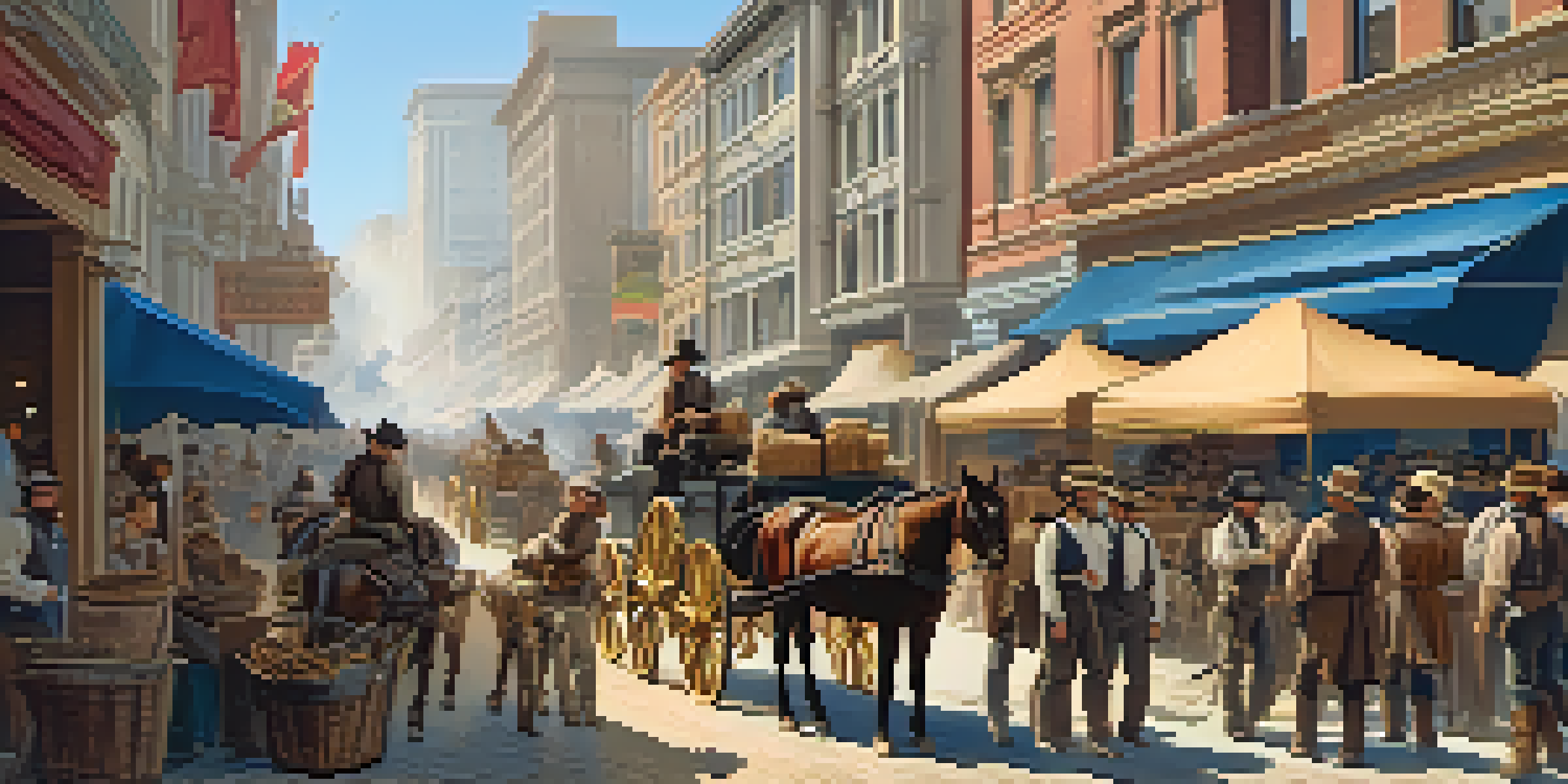 A lively street scene from San Francisco in the 1840s, depicting prospectors, tents, and horse-drawn carts against a backdrop of historic buildings.