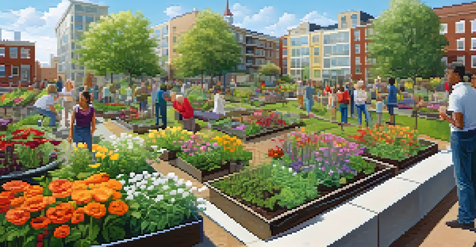 A vibrant community garden in an urban area, with residents planting flowers and vegetables, surrounded by greenery and low-rise buildings.