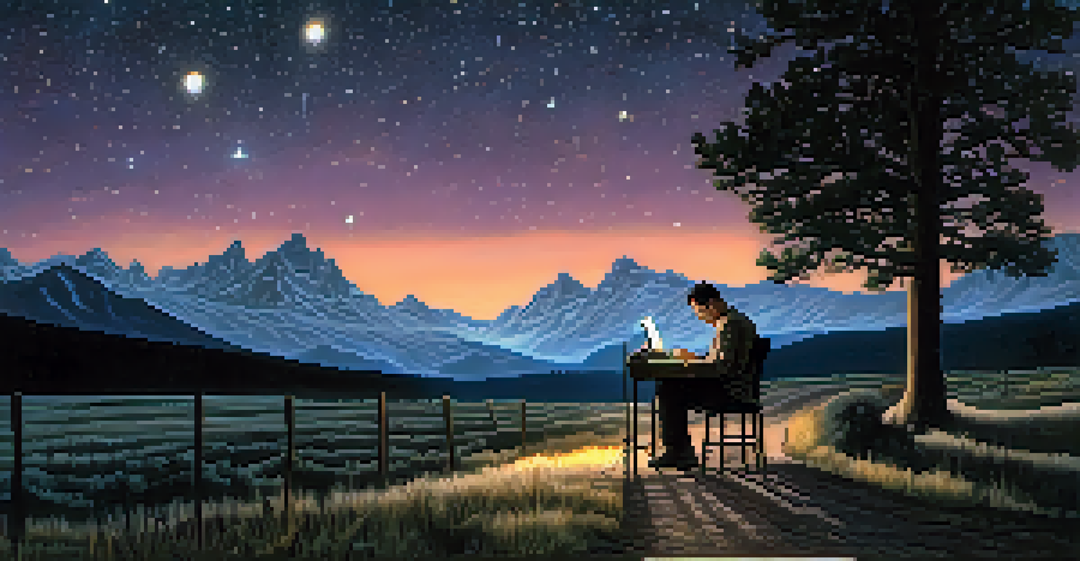 An artistic portrayal of Jack Kerouac writing under a starry sky with a road symbolizing adventure, capturing the essence of the Beat Generation's pursuit of freedom.