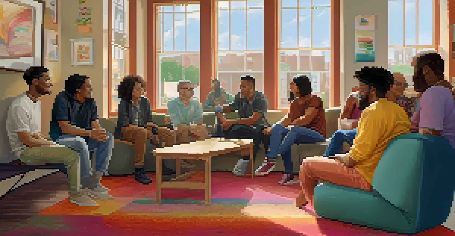 A diverse group of individuals in a community center discussing LGBTQ+ rights, surrounded by culturally rich artwork and natural light.