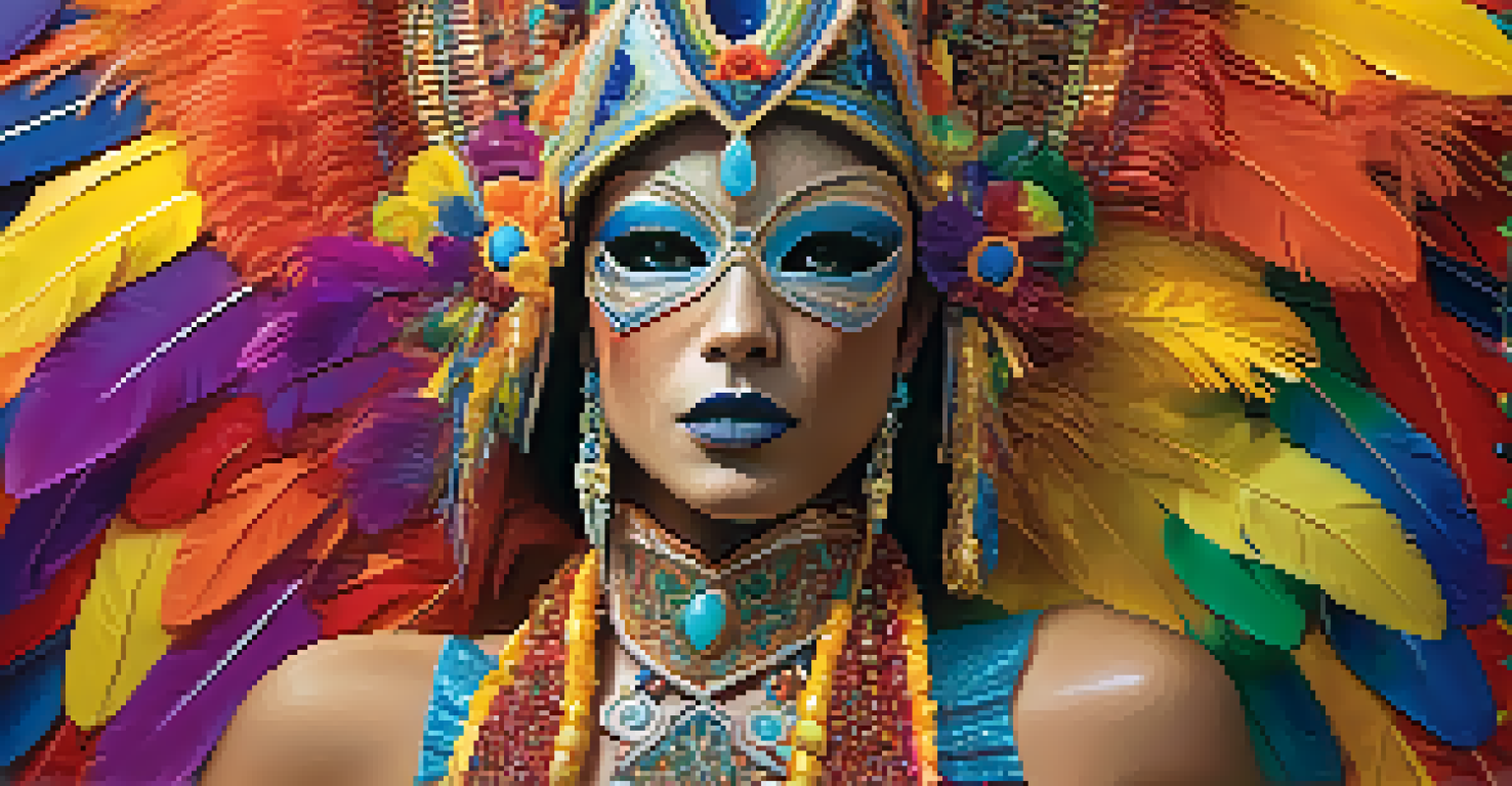 A detailed view of an elaborately decorated Carnaval costume with beads and feathers, set against a colorful background of streamers.