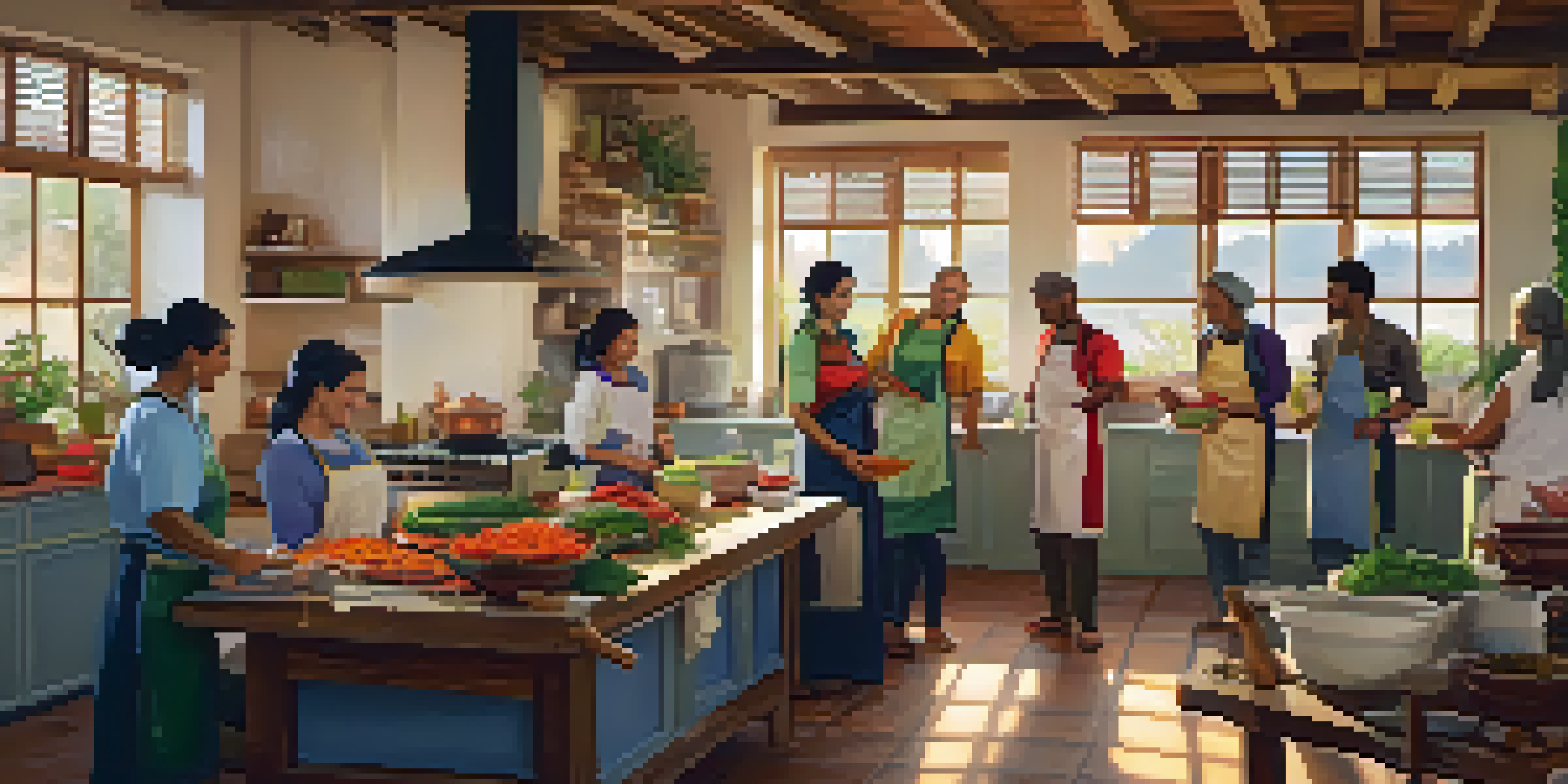Volunteers from various cultures cooking together in a bright kitchen, sharing ingredients and stories.