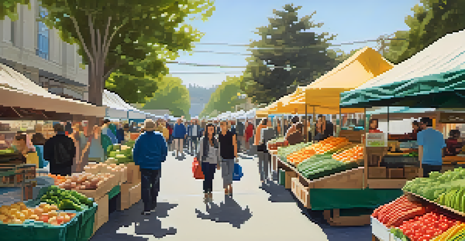 A vibrant local market near Stanford and UC Berkeley with students and residents shopping at colorful stalls, showcasing community engagement.