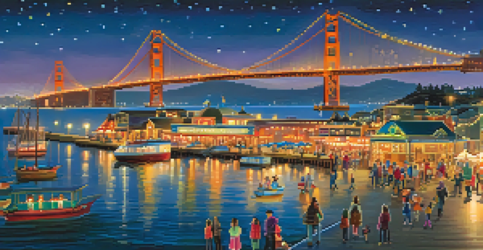 Families enjoying the Festival of Lights at Pier 39 with twinkling lights and the Golden Gate Bridge in the background.
