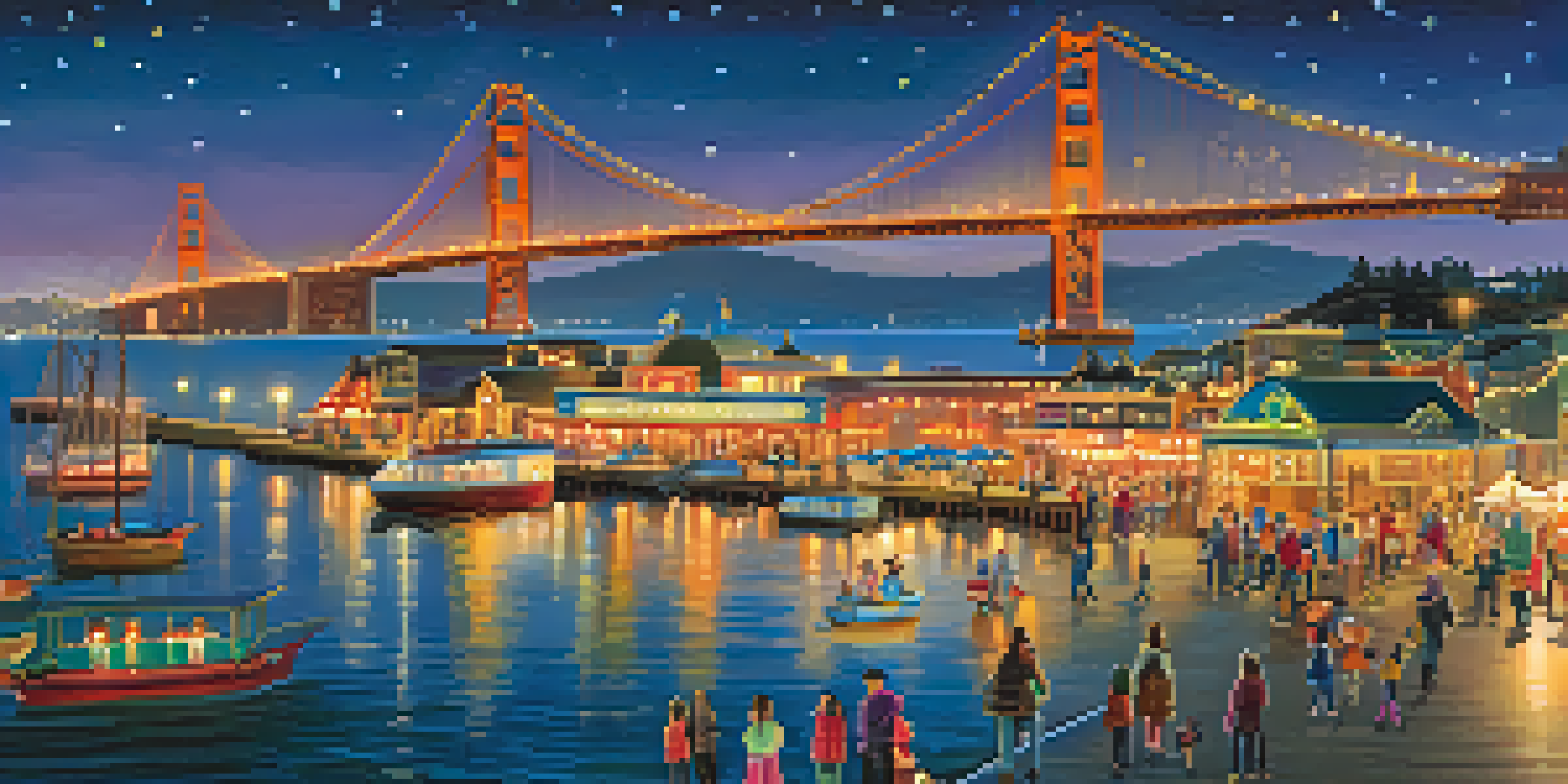 Families enjoying the Festival of Lights at Pier 39 with twinkling lights and the Golden Gate Bridge in the background.