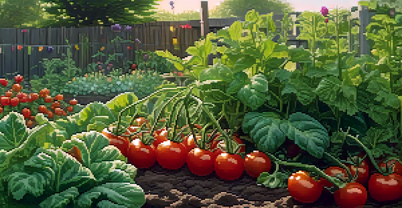 A close-up view of a lush vegetable bed with ripe tomatoes and leafy greens, highlighted by morning dew in a community garden.