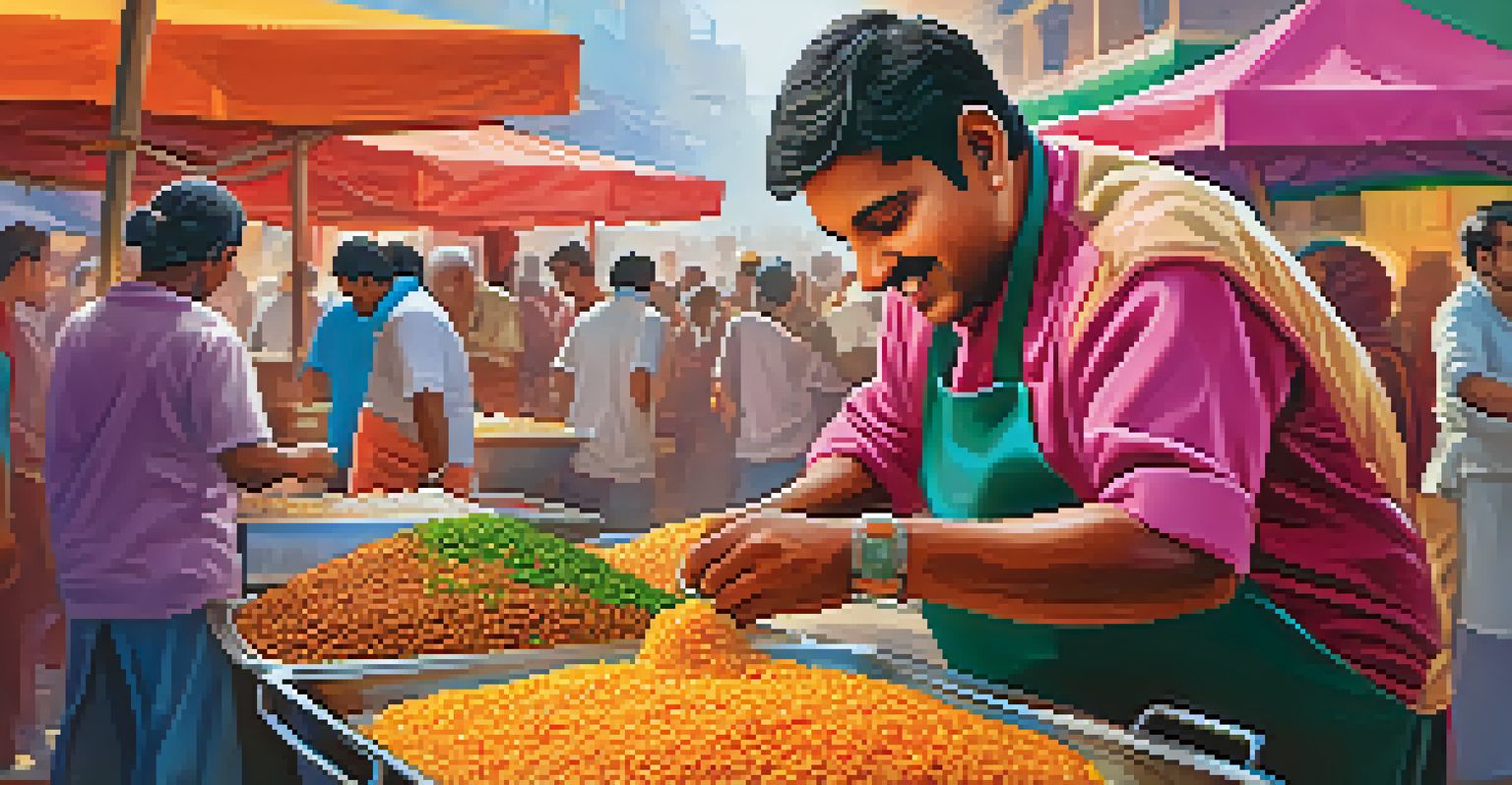 A close-up of a vendor making Indian chaat with vibrant ingredients at a street food festival.
