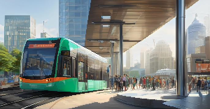 A vibrant urban transportation hub with electric buses and trams, featuring diverse people and a modern design, under bright sunlight.