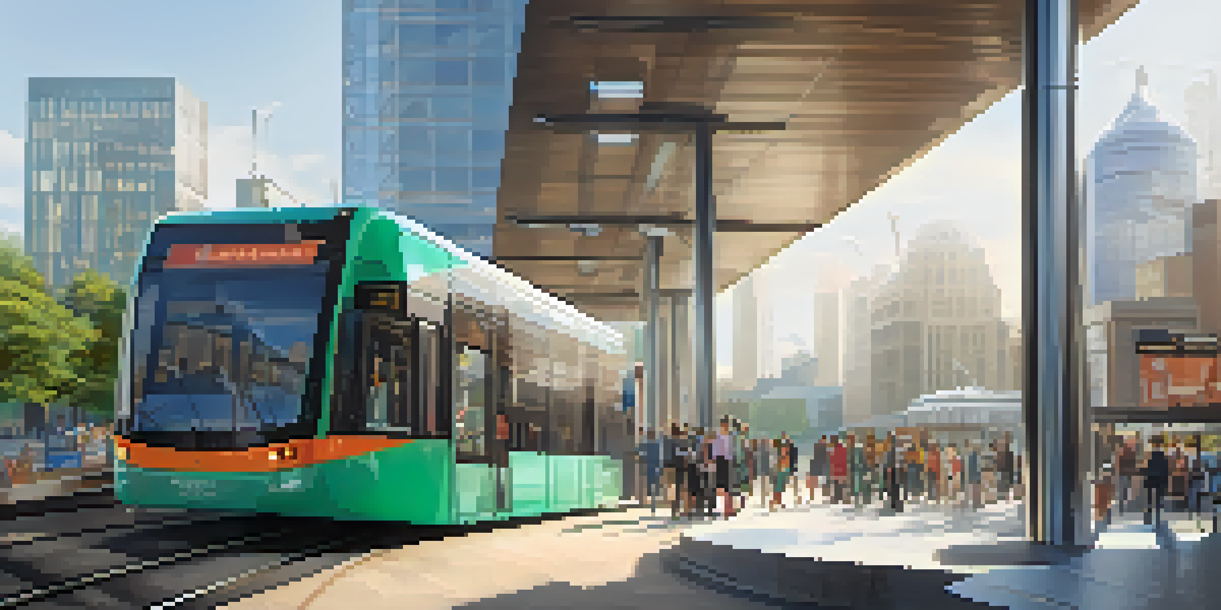 A vibrant urban transportation hub with electric buses and trams, featuring diverse people and a modern design, under bright sunlight.