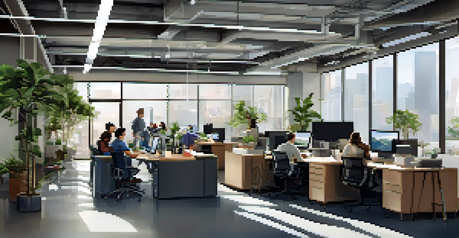 A modern tech office interior in San Francisco with employees working collaboratively.