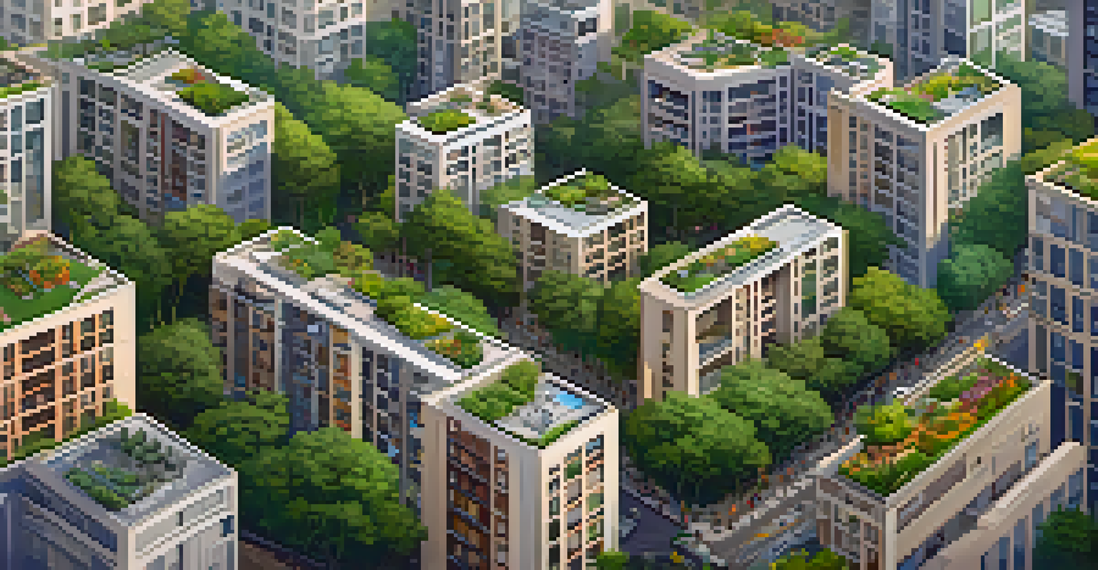 An aerial view of a vibrant city showcasing a mix of residential buildings and green spaces with people enjoying outdoor activities.