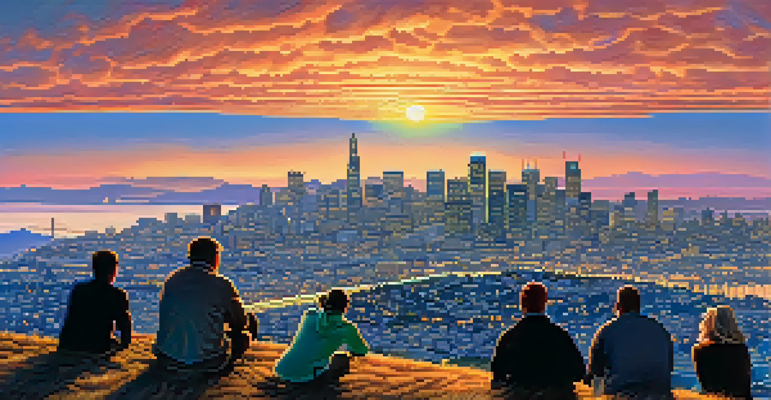 A panoramic view of the San Francisco skyline at sunset from Twin Peaks, with vibrant colors and people enjoying the scene.
