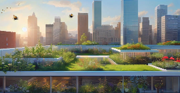 A green roof with diverse plants and small trees on a modern building, busy with bees and butterflies, under a clear blue sky.