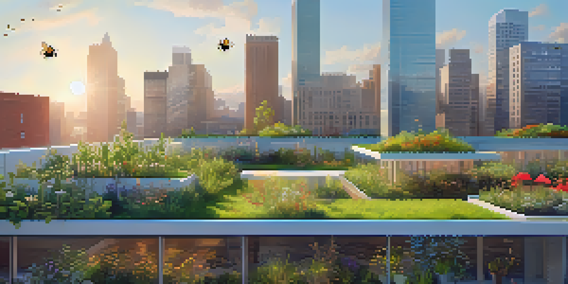 A green roof with diverse plants and small trees on a modern building, busy with bees and butterflies, under a clear blue sky.