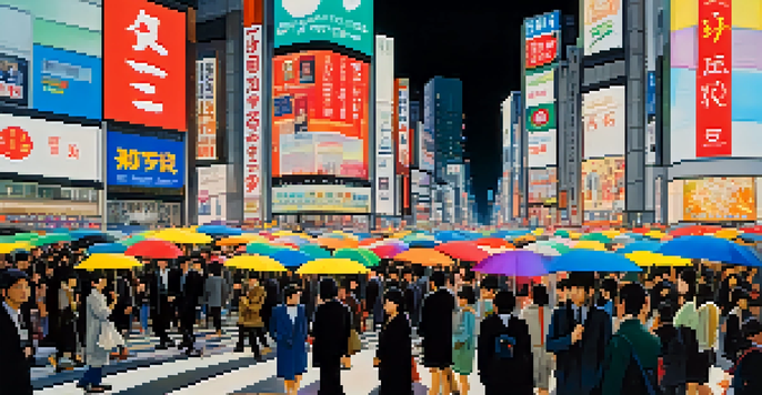 A busy Shibuya Crossing in Tokyo at night with neon lights, people crossing the street, and the Hachiko statue in the foreground.