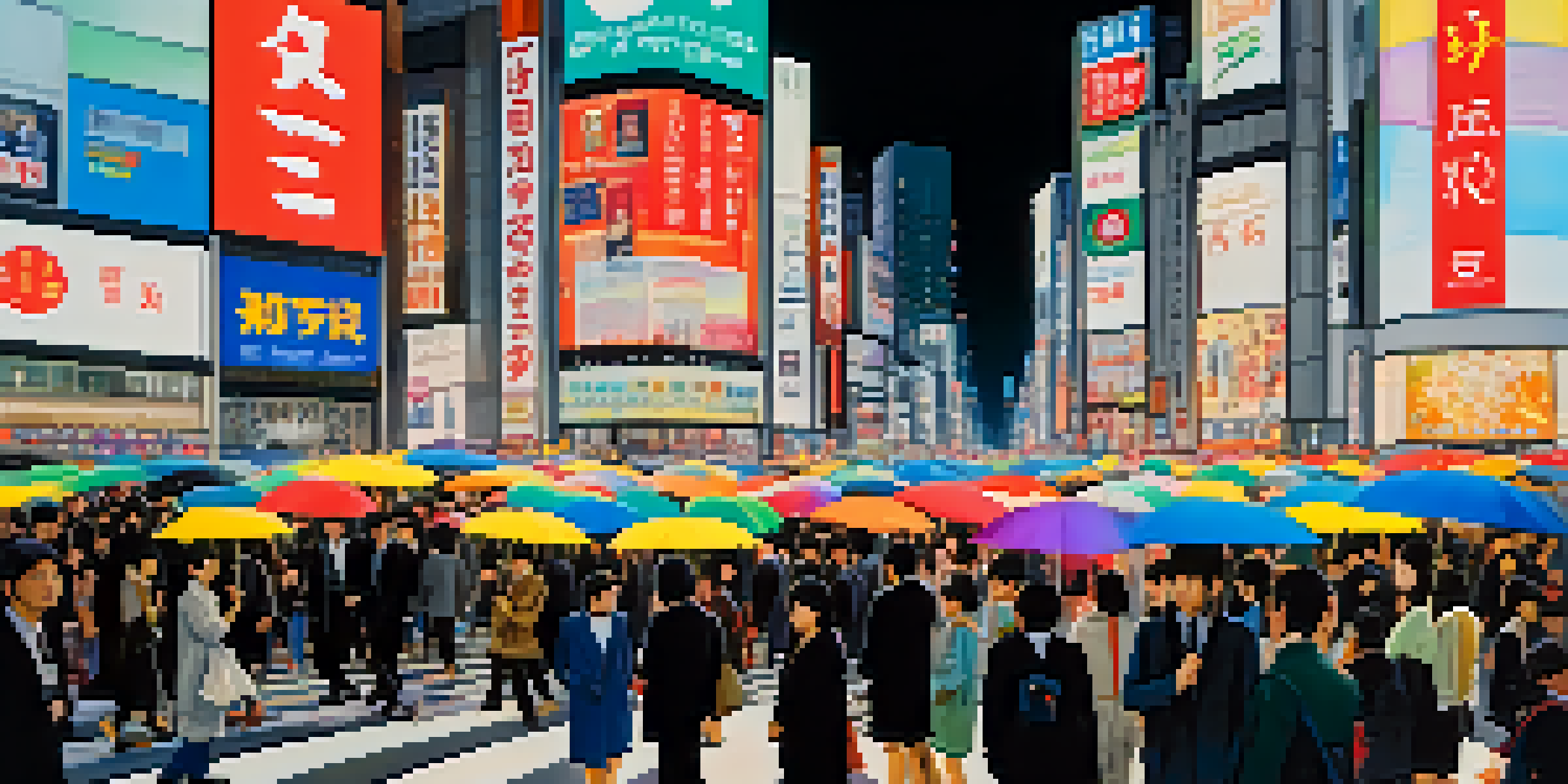 A busy Shibuya Crossing in Tokyo at night with neon lights, people crossing the street, and the Hachiko statue in the foreground.