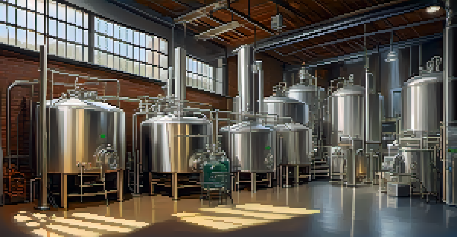 A distiller working in a modern craft distillery, monitoring fermentation tanks, with traditional and modern equipment in a warmly lit workspace.